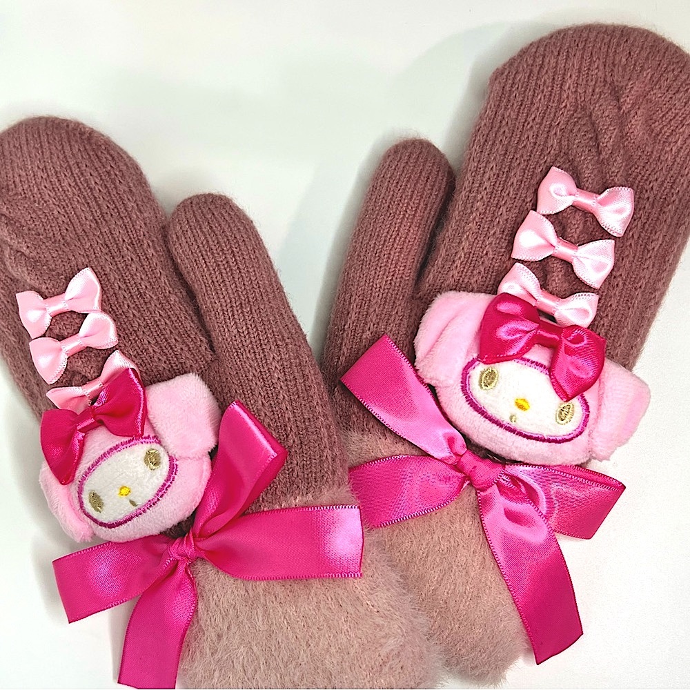 My Melody Sanrio Character • Plush Knit Mittens Gloves • Kawaii Bows Embellished